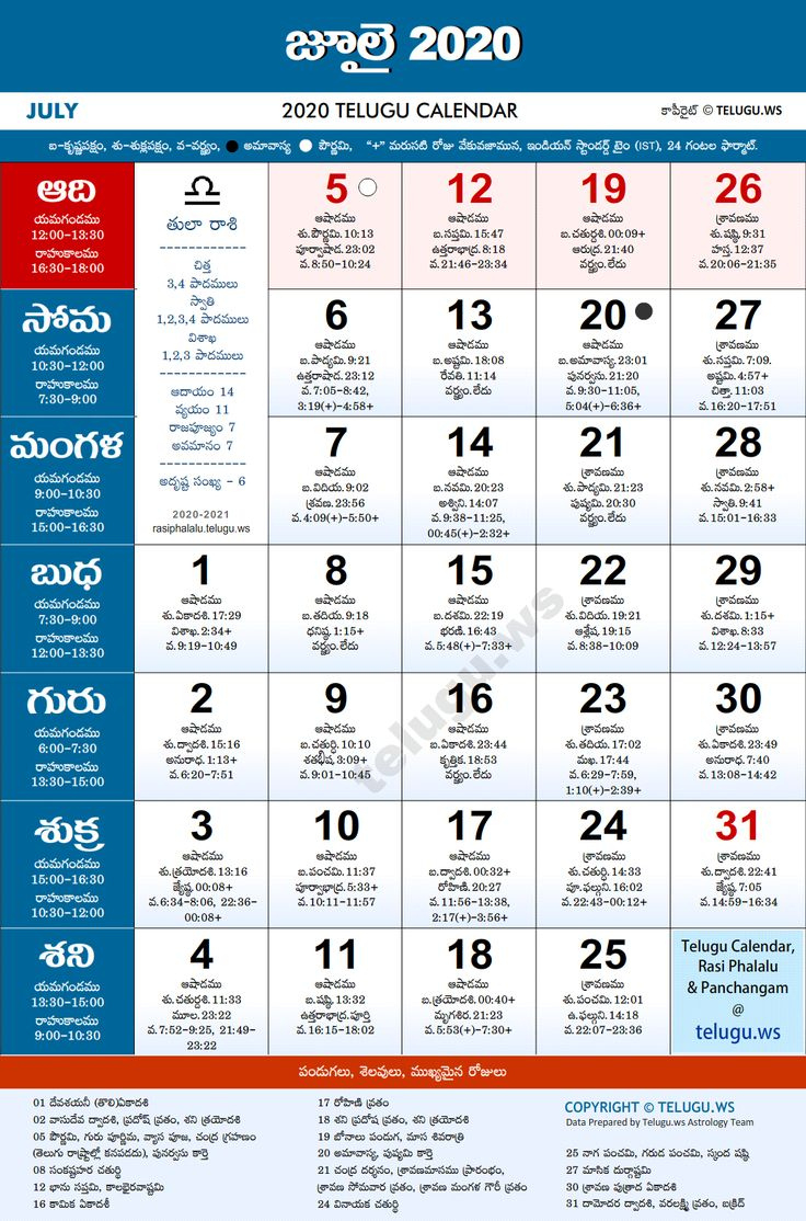 Telugu Calendar 2020 July To Print | July Calendar Telugu Calendar 2021 January To December