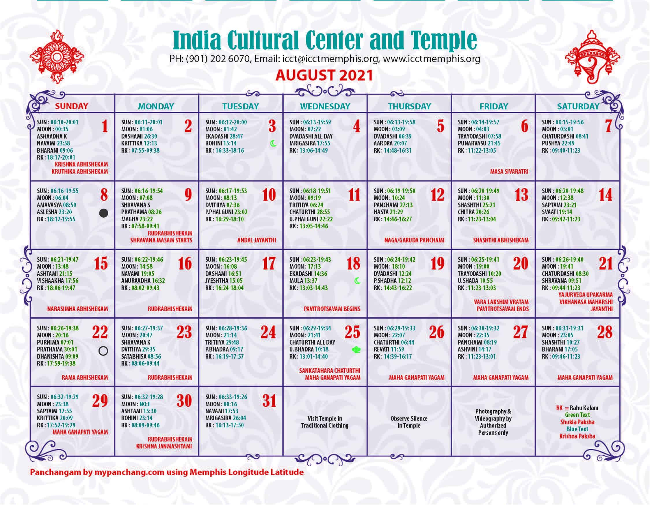 Temple Calendar - 2021 | India Cultural Center And Temple 14 November 2021 Hindu Calendar
