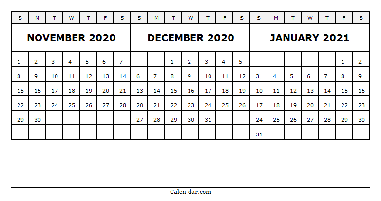 Three Month November 2020 To January 2021 Calendar November 2020 - January 2021 Calendar