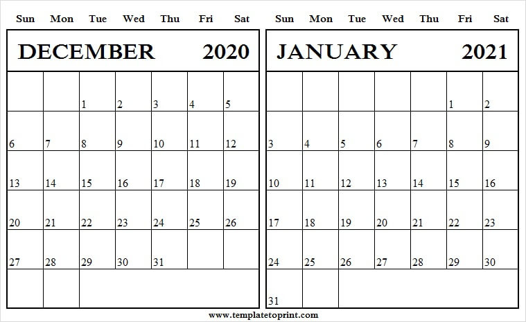 Two Month December 2020 January 2021 Calendar - Pinterest How Many Days Are In The Month Of December 2021 Calendar