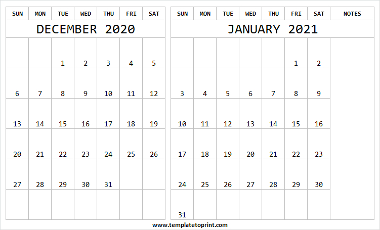 Two Month December 2020 January 2021 Calendar - Pinterest Monthly Calendar December 2020 And January 2021