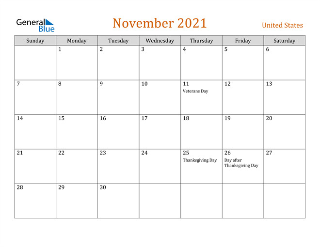 United States November 2021 Calendar With Holidays November 2021 Calendar With Holidays Usa