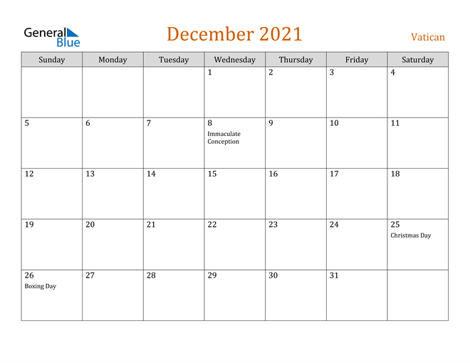 Vatican December 2021 Calendar With Holidays December 2021 Calendar With Holidays