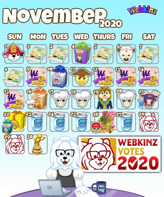 Webkinz Event Calendar: November 2020 | Wkn: Webkinz Newz November 2020 Events