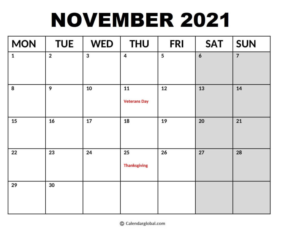 Word Calendar Templates 2021: Free Printable Monthly November 2021 Calendar Printable Free