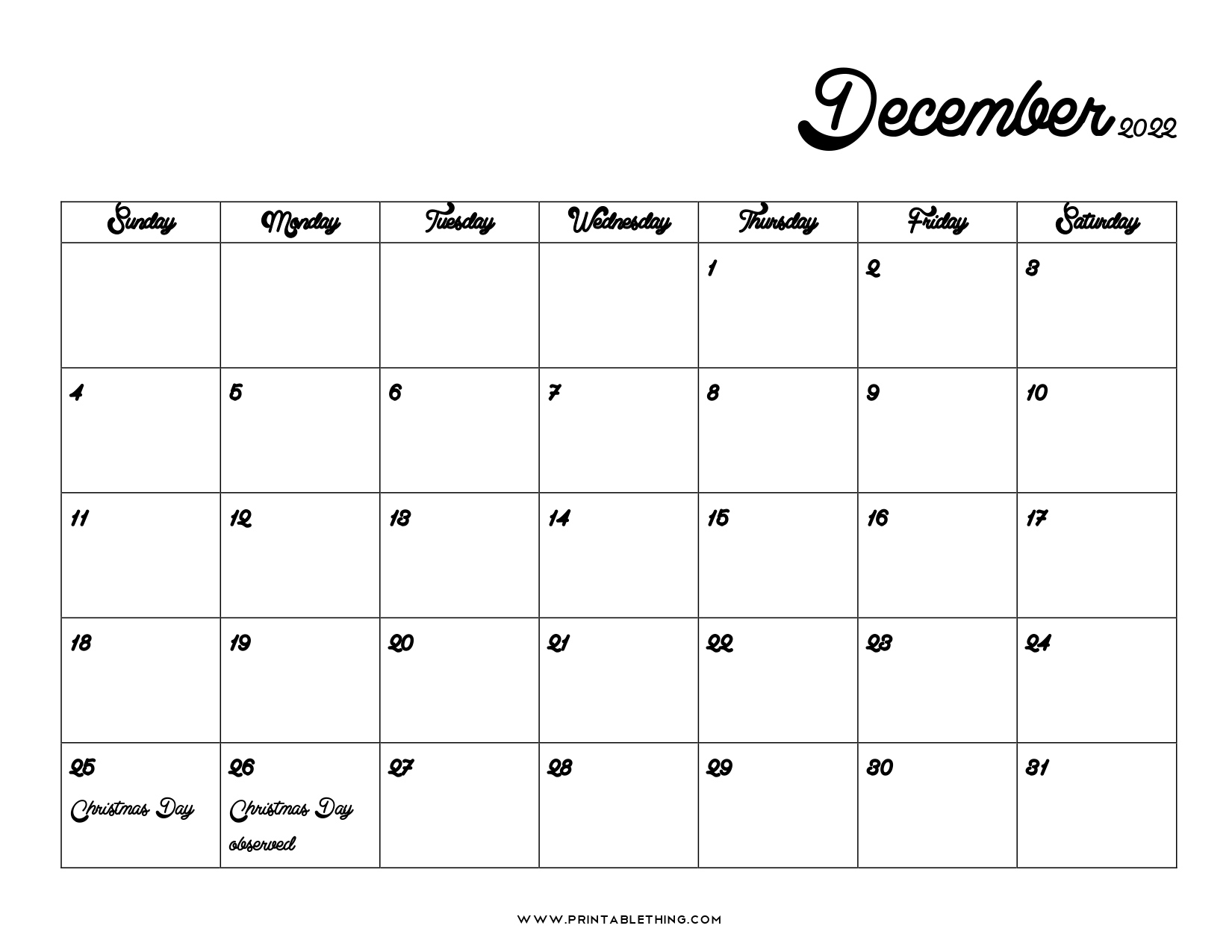 20+ December 2022 Calendar Printable, Us Holidays, Blank Free Printable Calendars Monthly Januaary To December