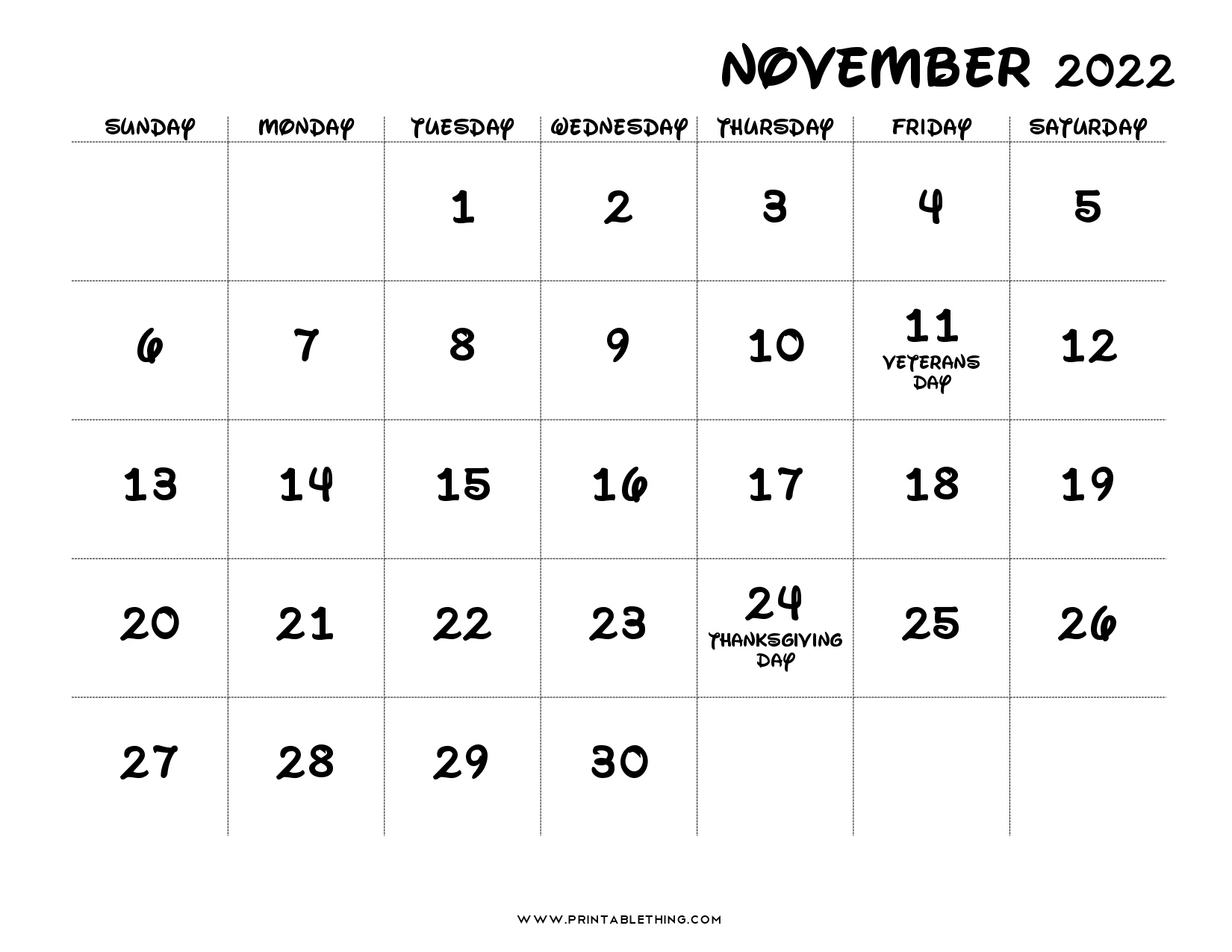 20+ November 2022 Calendar Printable, Us Holidays, Blank November 2022 Calendar Template