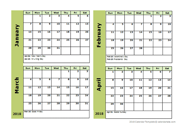 2018 Four Month Calendar Template - Free Printable Templates 5.5-8.5 Calendar Template Free Printable