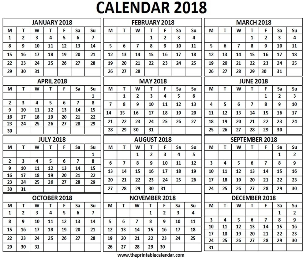 2018 Monthly Calendar On One Page - Template Calendar Design 1 Page 12 Month Calendar
