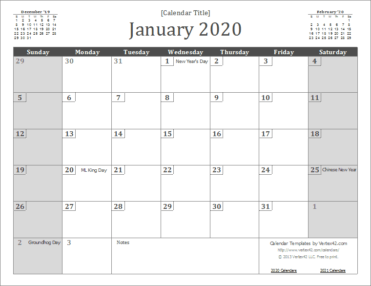 2020 Calendar Templates And Images Calendar Templates By Vertex42