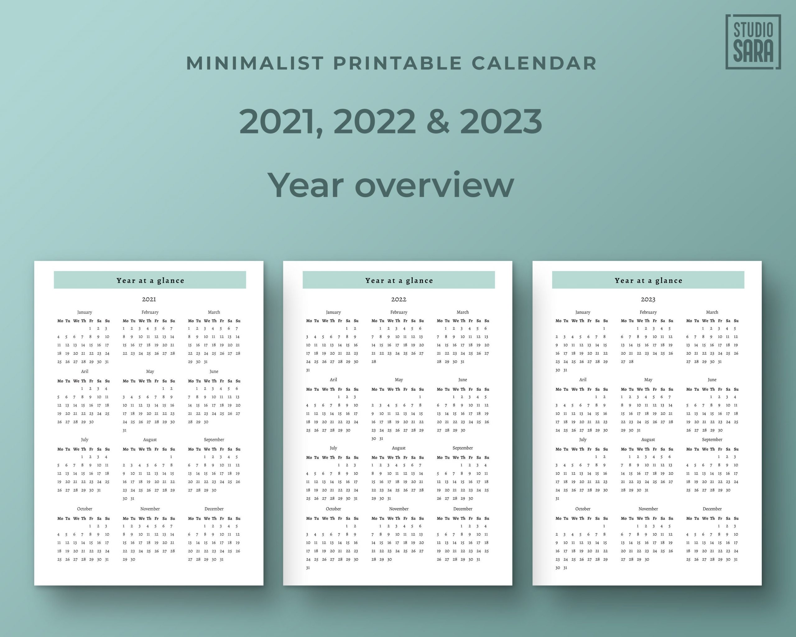 2021-2022-2023 Year At A Glance Calendar Printable One Month At A Glance Calendar