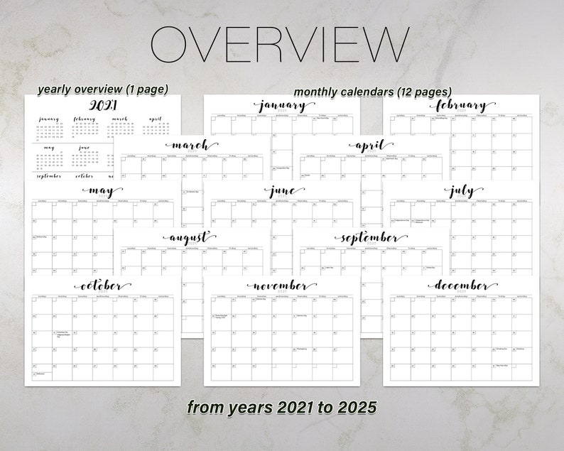 2021-2025 Five Years Minimalistic Printable Calendar 5 Year Planner Calendar