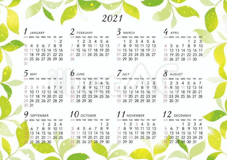 2021 年間カレンダー 葉っぱヨコ型イラスト - No: 2166621／無料イラストなら「イラストAc」 2024 年間カレンダー 無料 ダウンロード