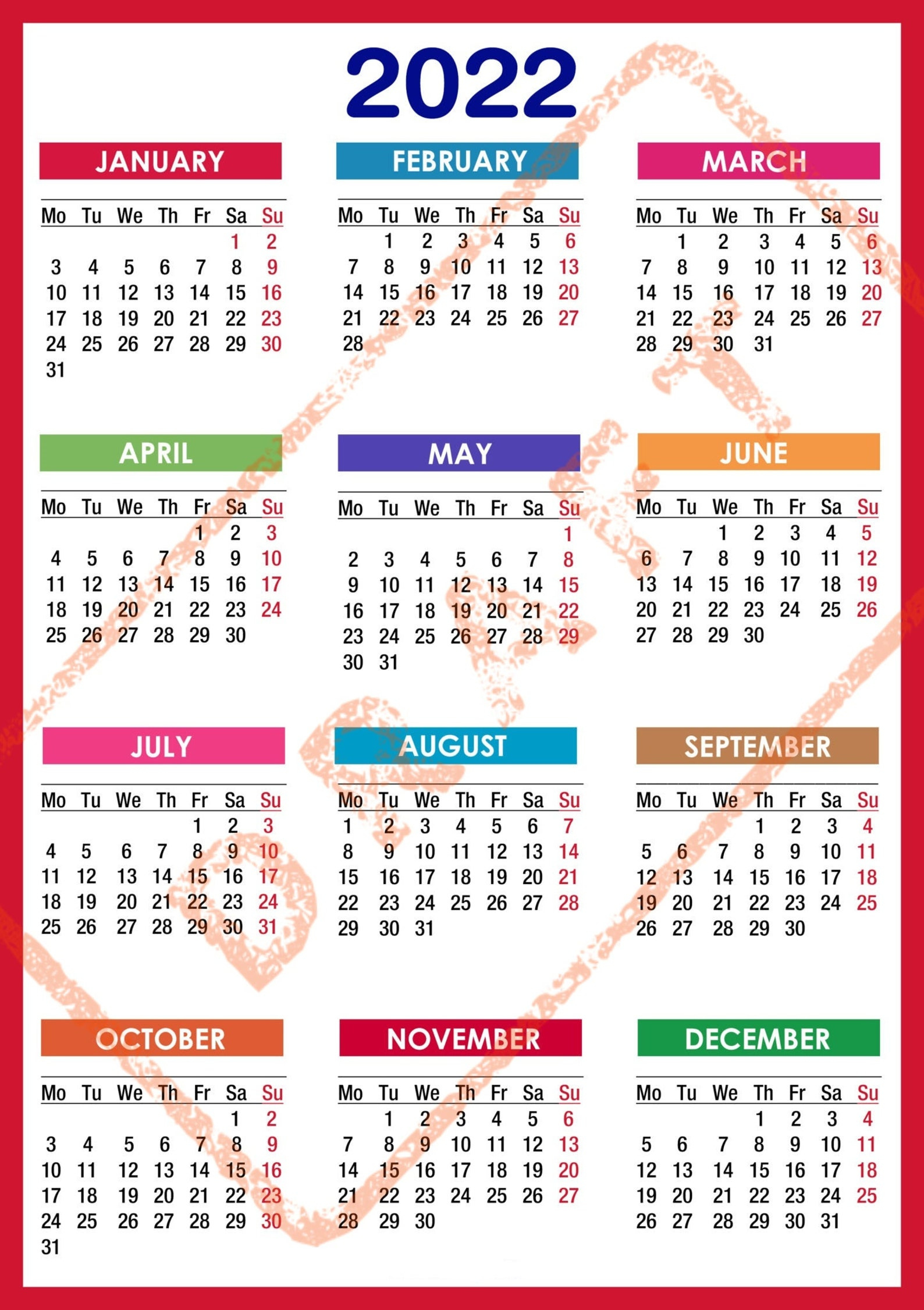 2022 Colorful Calendar Printable Yearly Calendar 12-Months 1 Page 12 Month Calendar