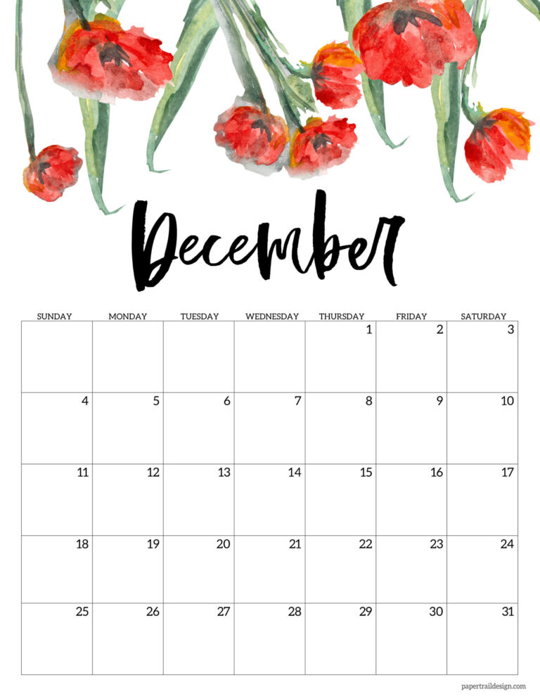 2022 Free Printable Calendar - Floral | Paper Trail Design Free Printable Monthly Calendar December 2022