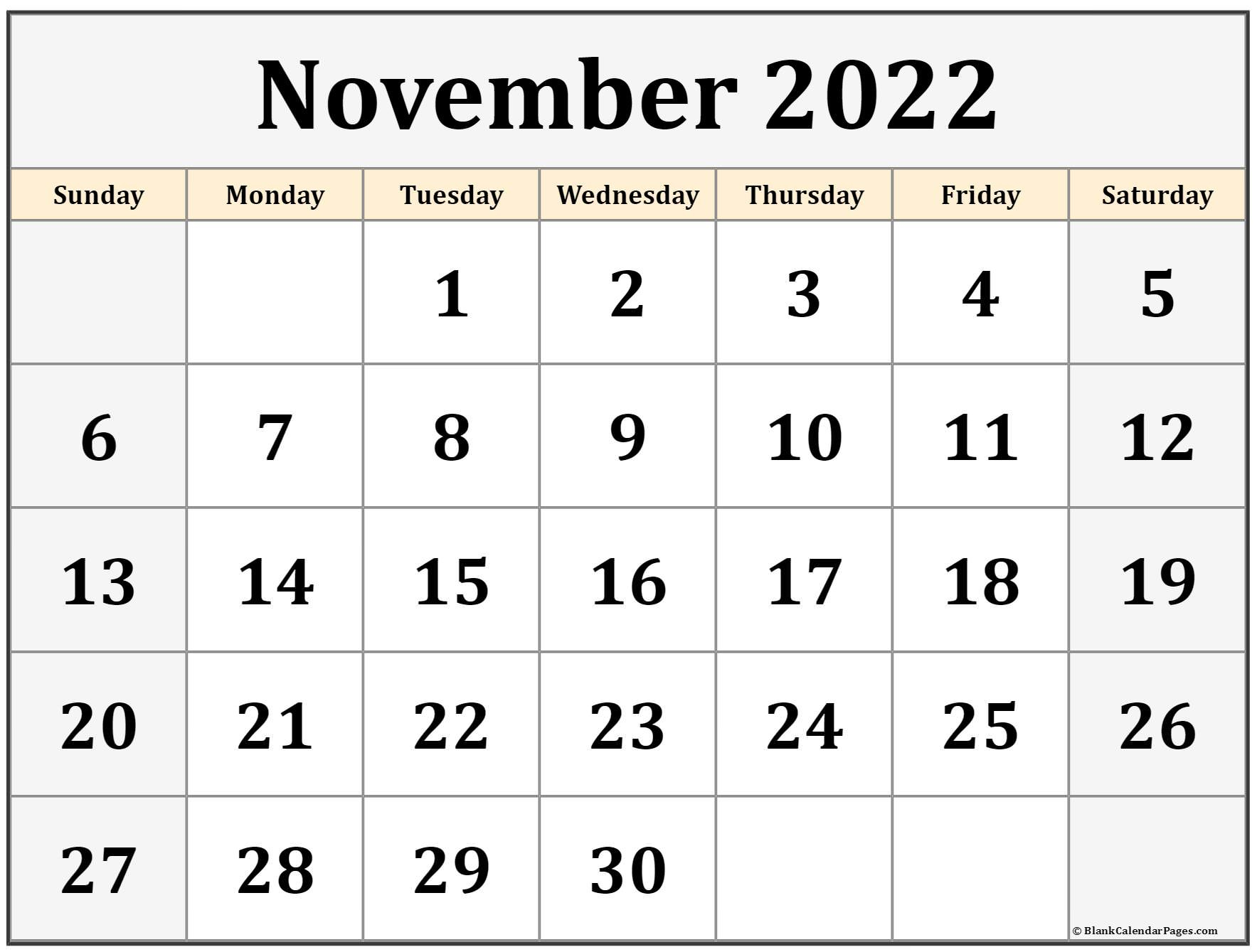 2022 November Calendar Printable - Monthly Calendars Printable November 2022 Calendar Template