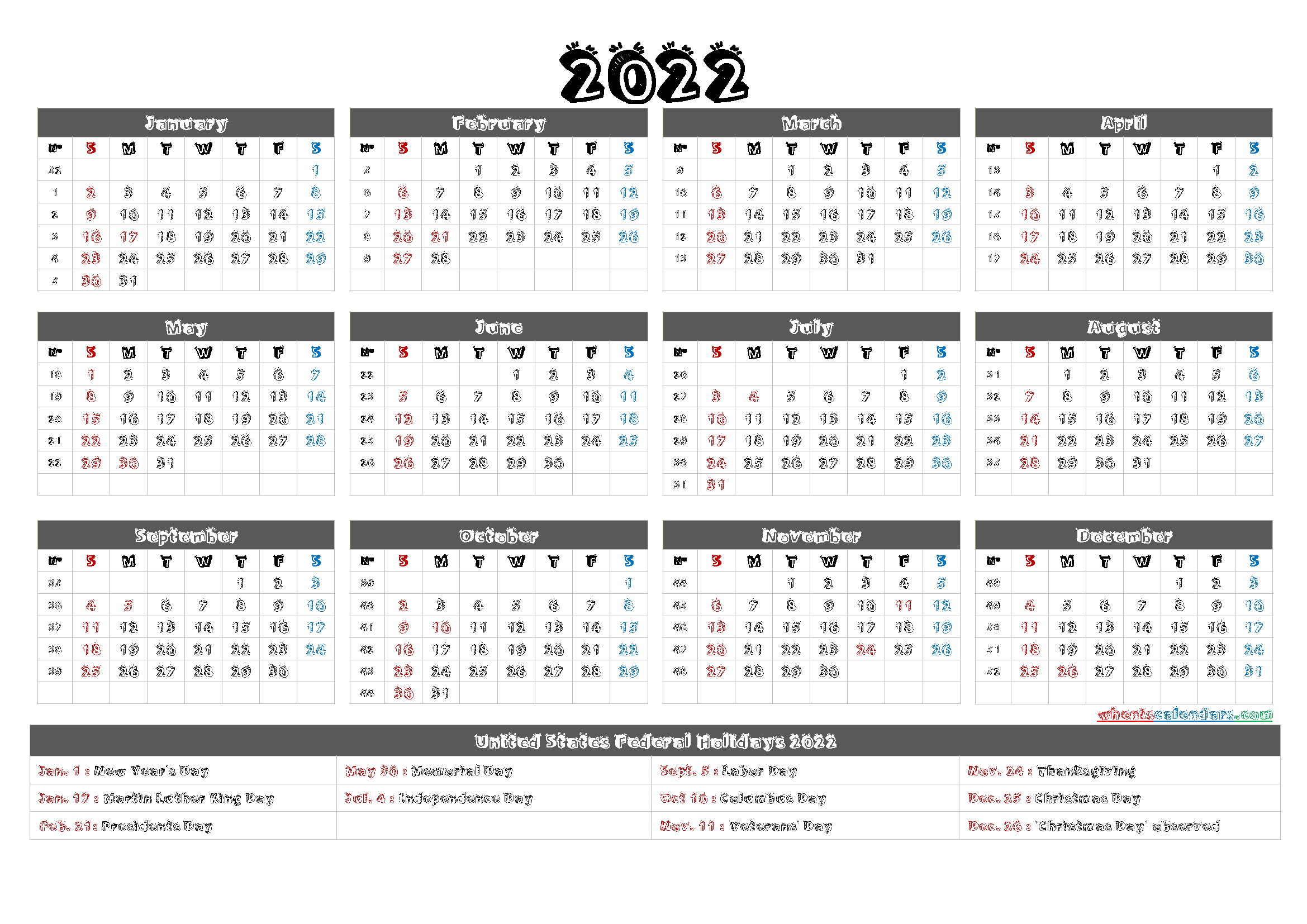 2022 One Page Calendar Printable - 6 Templates | Printable 1 Page 12 Month Calendar