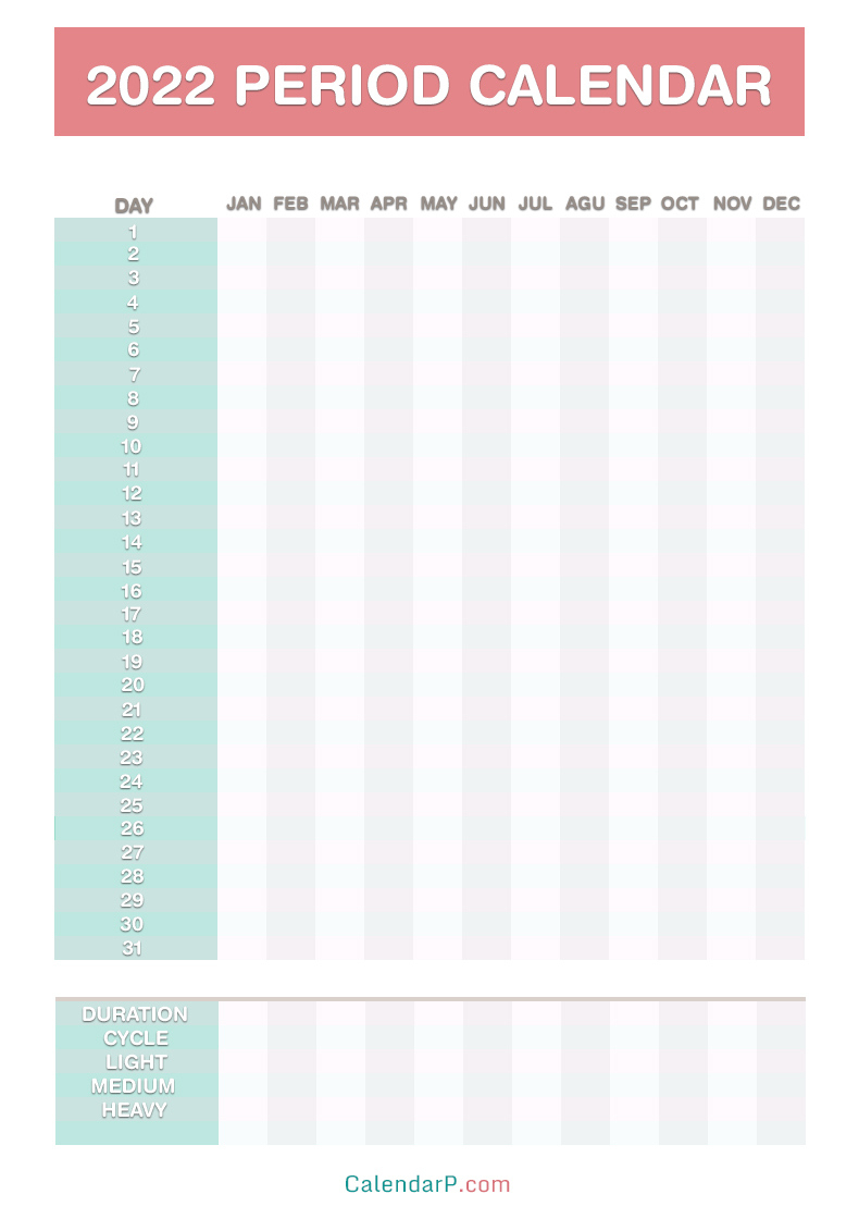 2022 Period Calendar, Free Printable Pdf, Jpg, Red, Blue 1 Calendar Month Period