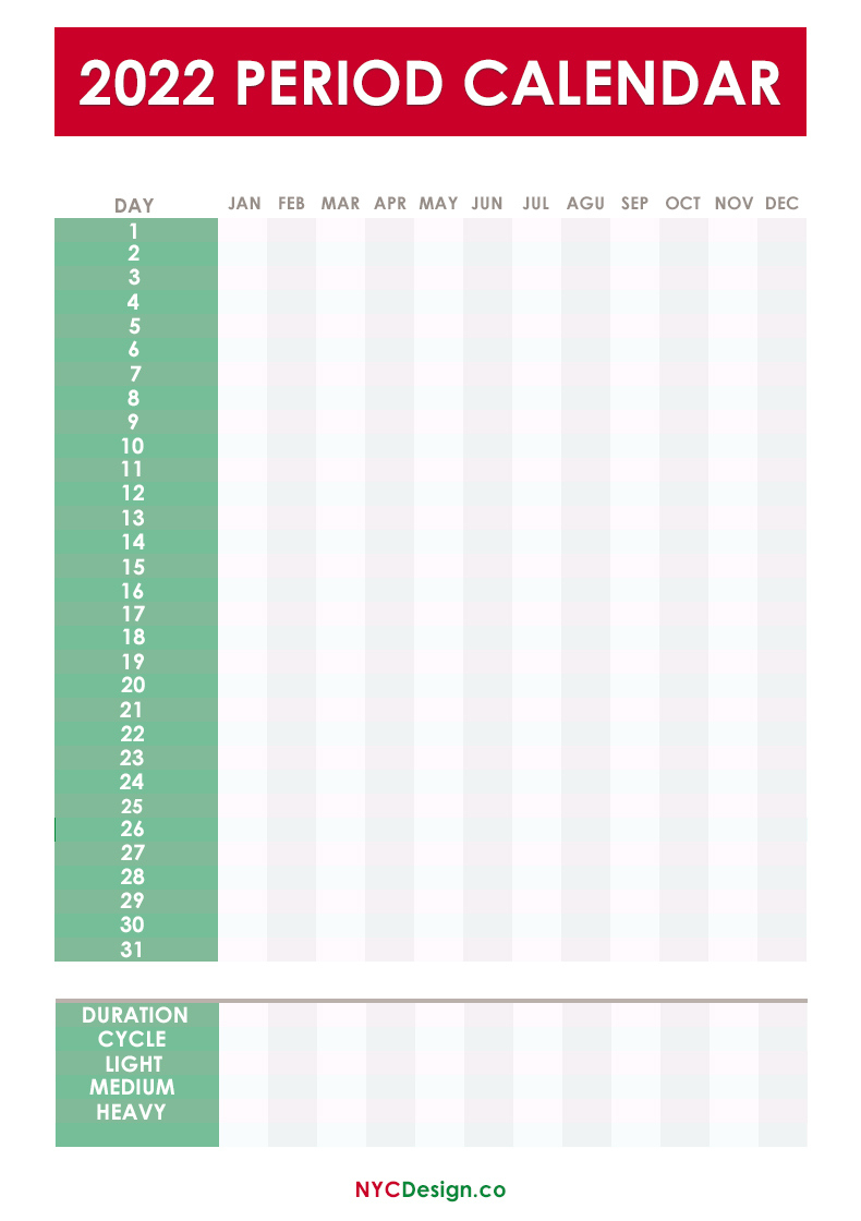 2022 Period Calendar, Free Printable Pdf, Jpg, Red, Green 1 Calendar Month Period