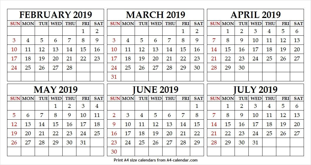 6 Month Calendar February To July 2019 | Calendar February 6 Months Calendar Word