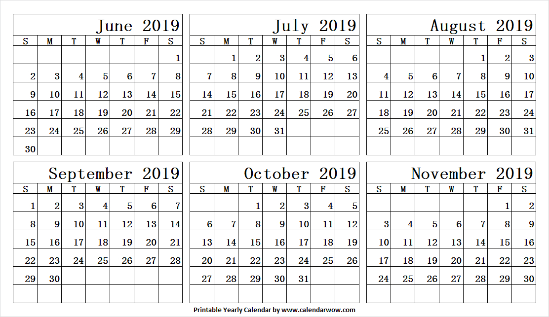 6 Month Calendar June To November 2019 | Print Calendar Triangle 6 Month To View Calender