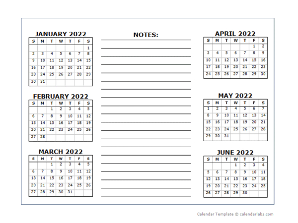 6 Months Per Page Calendar Template 2022 - Free Printable Printable 6 Month Calendar Free