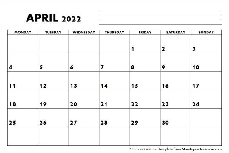 April 2022 Calendar Monday Start | April Month Template Prd Monthly Calendar Starts From Monday