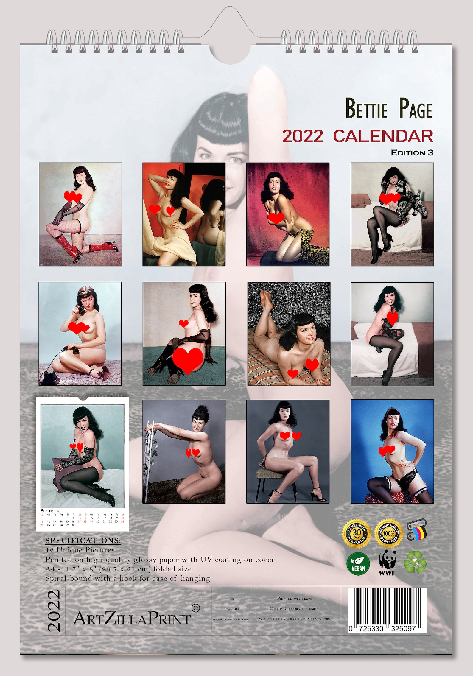 Bettie Page Wall Calendar 2022 Edit 3 Color Pin Up Glam 3 Calendars On One Page