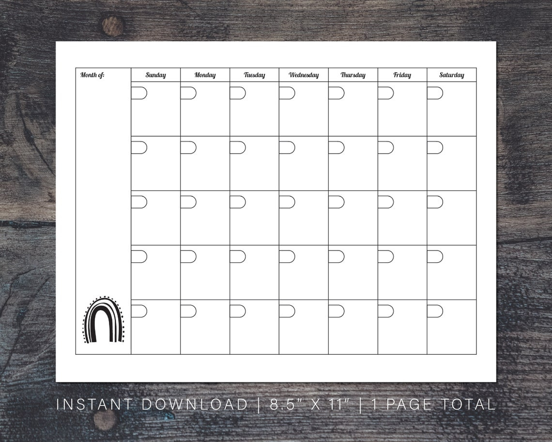 Boho Monthly Calendar Printable 8.5 X 11 Inch Blank | Etsy Blank Monthly Calendar 8.5 X 11 Printable