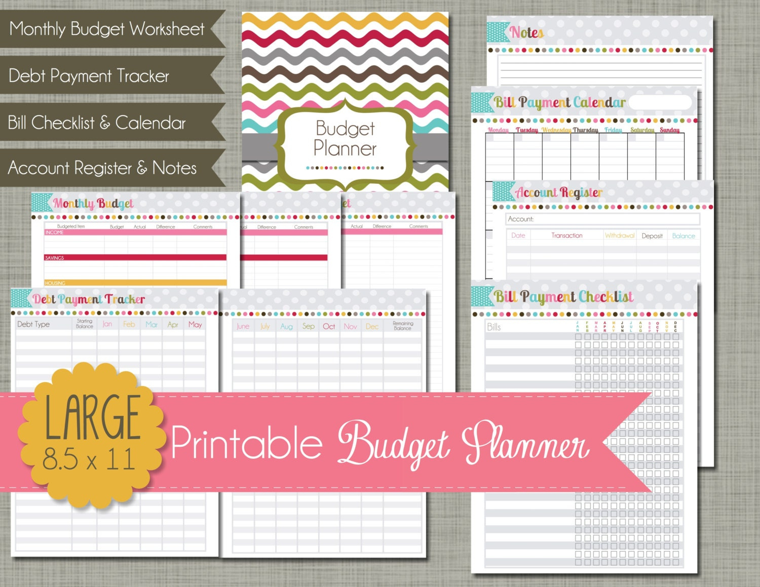 Budget Planner Printable Set Sized Large 8.5 X 11 Printable Calendar For 3 Ring Notebook