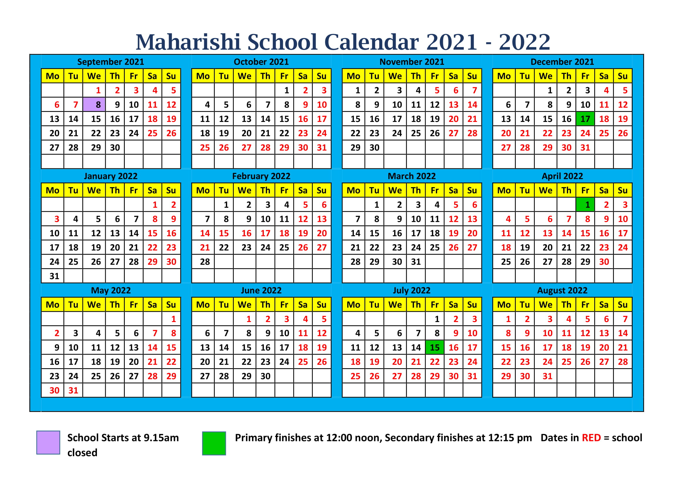 Calendar 2021-2022-1 - Maharishi School Blank Calendar School Term