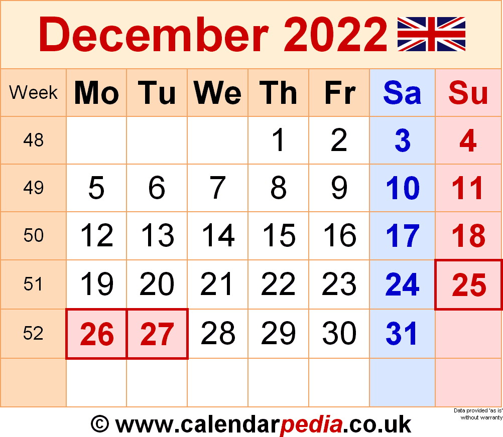 Calendar December 2022 Uk With Excel, Word And Pdf Templates December 2022 Calendar Free Printable