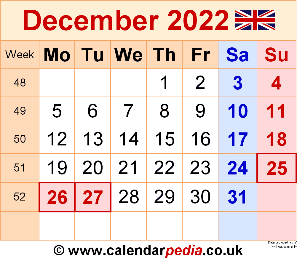 Calendar December 2022 Uk With Excel, Word And Pdf Templates December Printable Calendar 2022