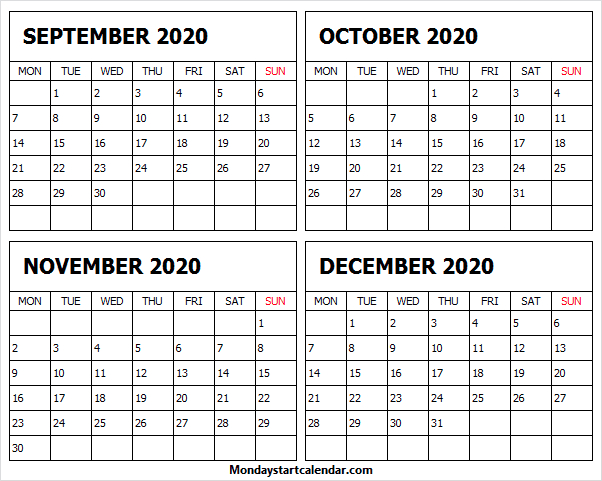 Calendar September October November December 2020 Editable September And October Calendar