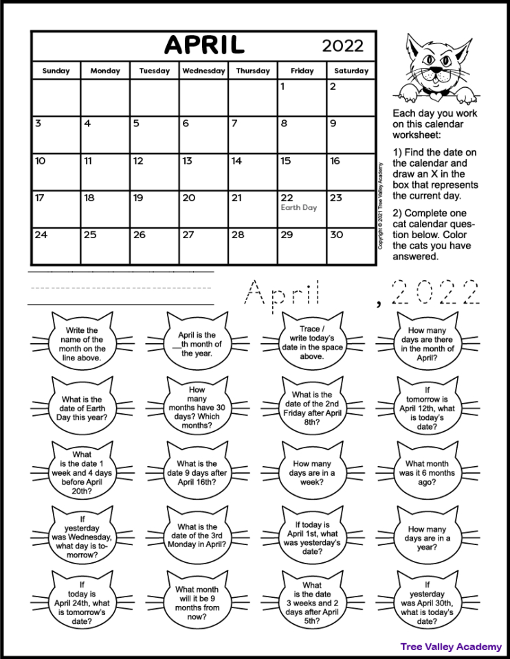 Calendar Worksheet For April 2022 - Tree Valley Academy Themes For Each Calendar Month