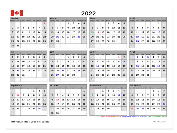 Calendrier &quot;Canada&quot; 2022 À Imprimer - Michel Zbinden Fr Calendrier 2022 À Imprimer