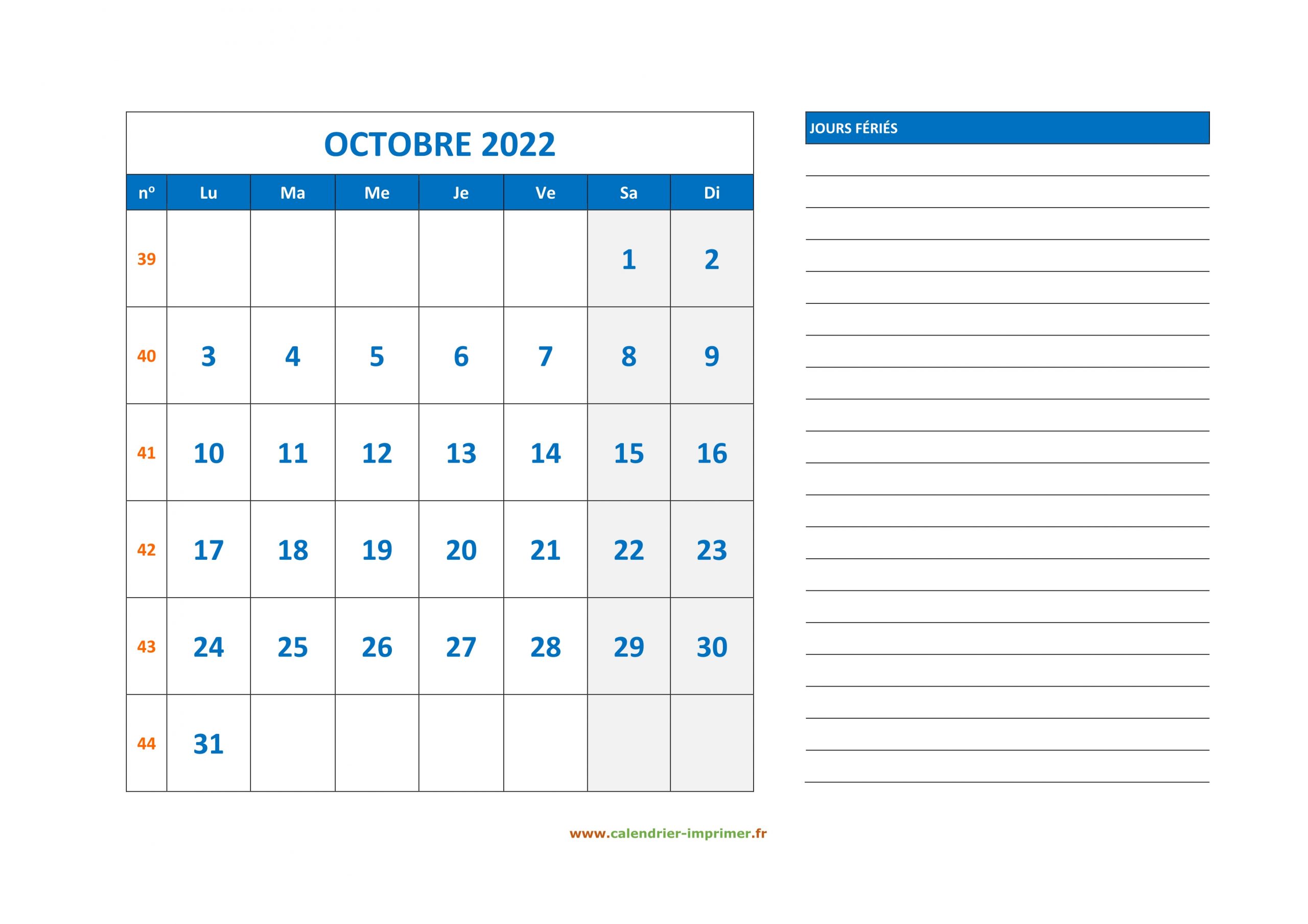 Calendrier Octobre 2022 À Imprimer Calendrier 2022 À Imprimer