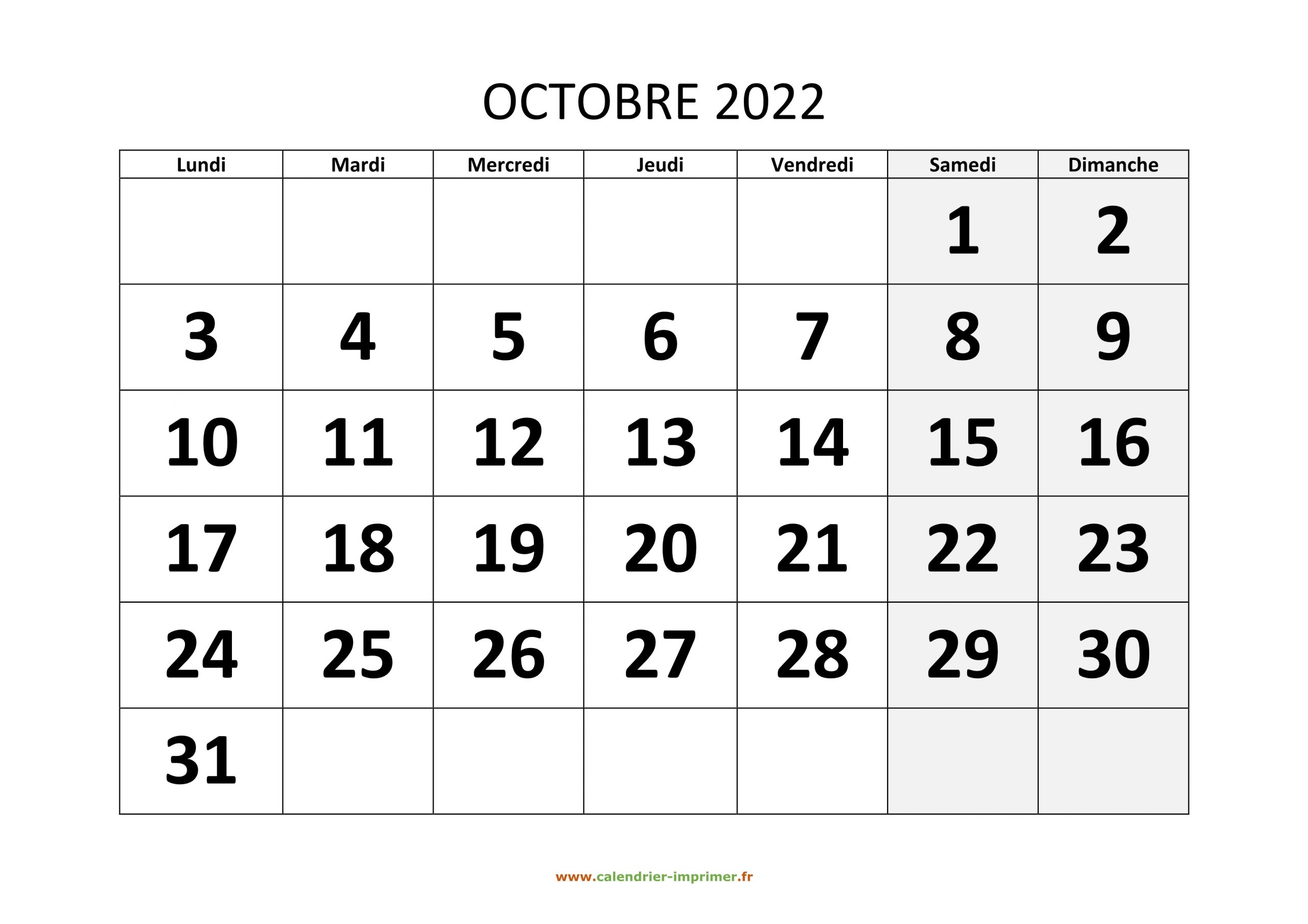 Calendrier Octobre 2022 À Imprimer Calendrier 2022 À Imprimer