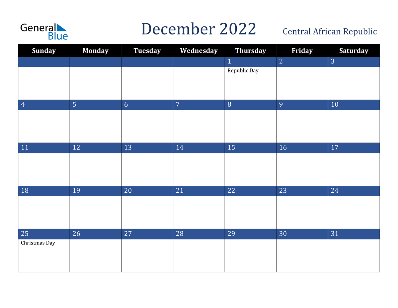 Central African Republic December 2022 Calendar With Holidays Calendar December 2022 Printable
