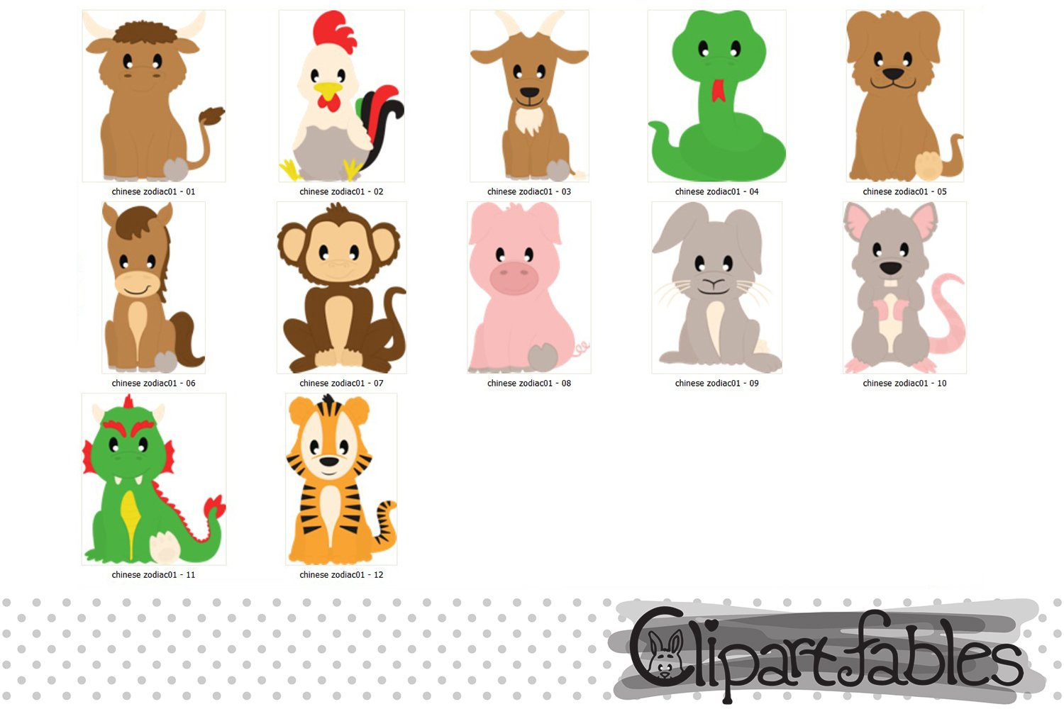 Chinese Zodiac Clipart, Chinese New Year, Cute Animals Printable Chinese Zodiac Animals