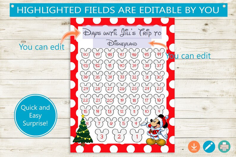 Christmas Disney Vacation Countdown Printable // Editable Countdown To Disney Calendar Printable