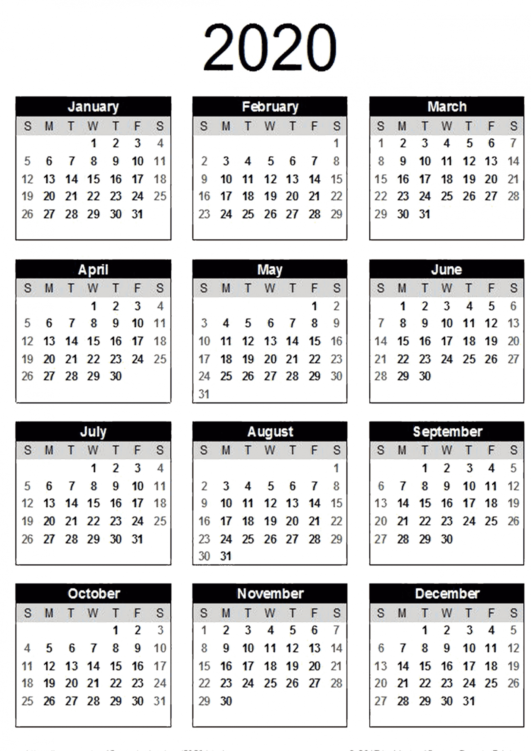 Collect Year At A Glance Calendar 2020 Free Editable Free Printable Column Calendar