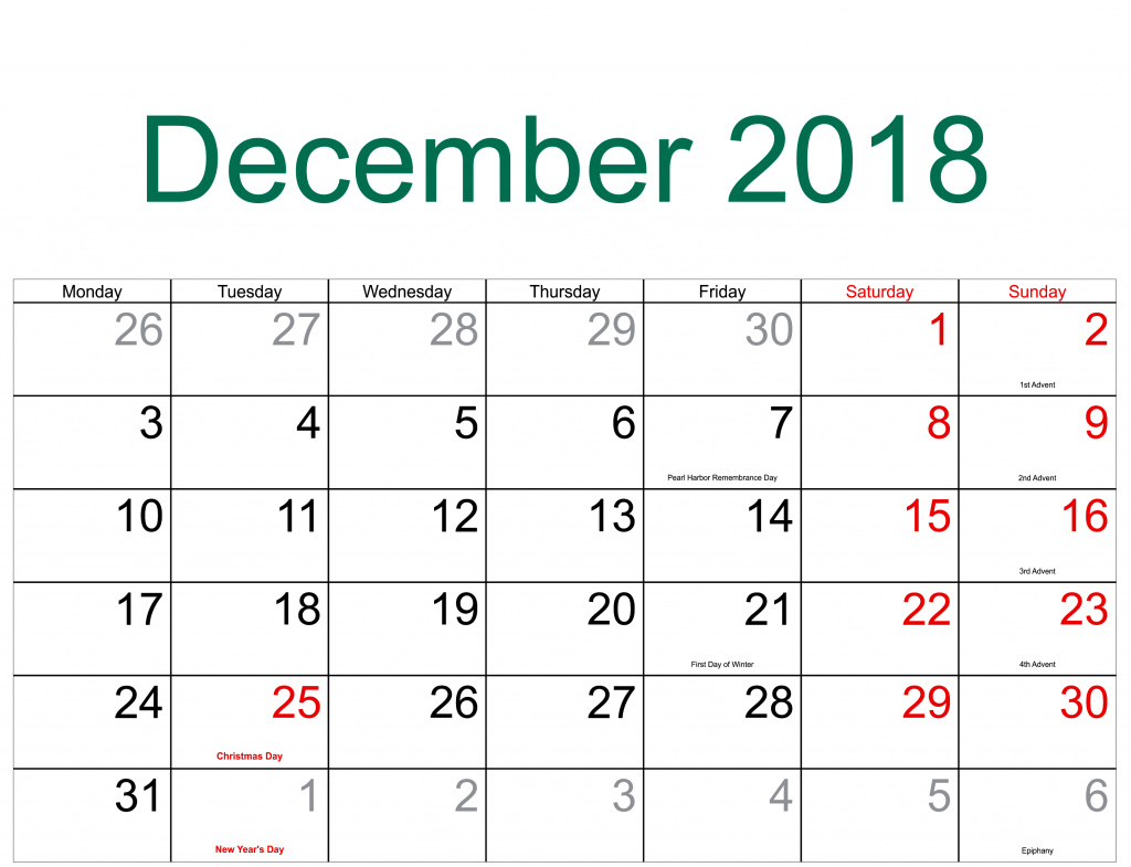 December 2018 Calendar With Holidays - Printable Year Calendar Printable December Calendar With Holidays