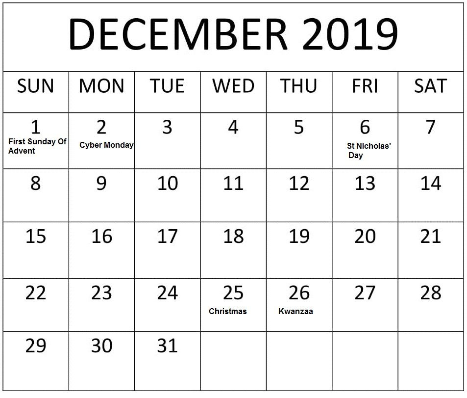 December 2019 Federal Holidays Calendar | Blank Calendar Printable December Calendar With Holidays