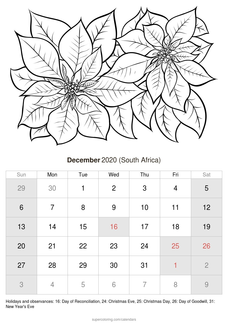 December 2020 Calendar - South Africa December Calendar South Africa