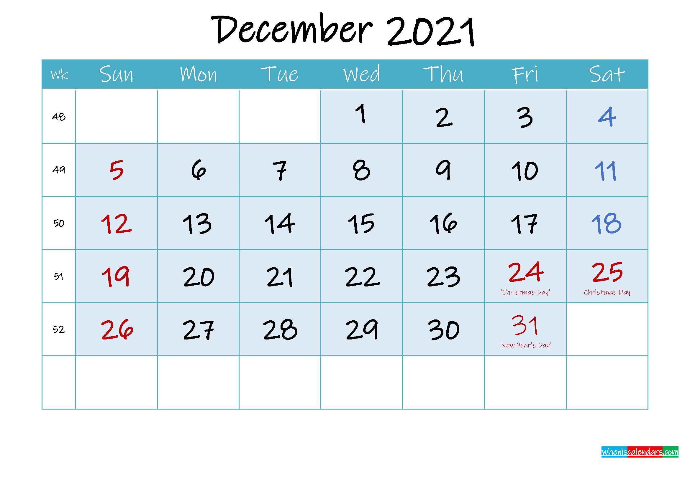 December 2021 Free Printable Calendar With Holidays Printable December Calendar With Holidays