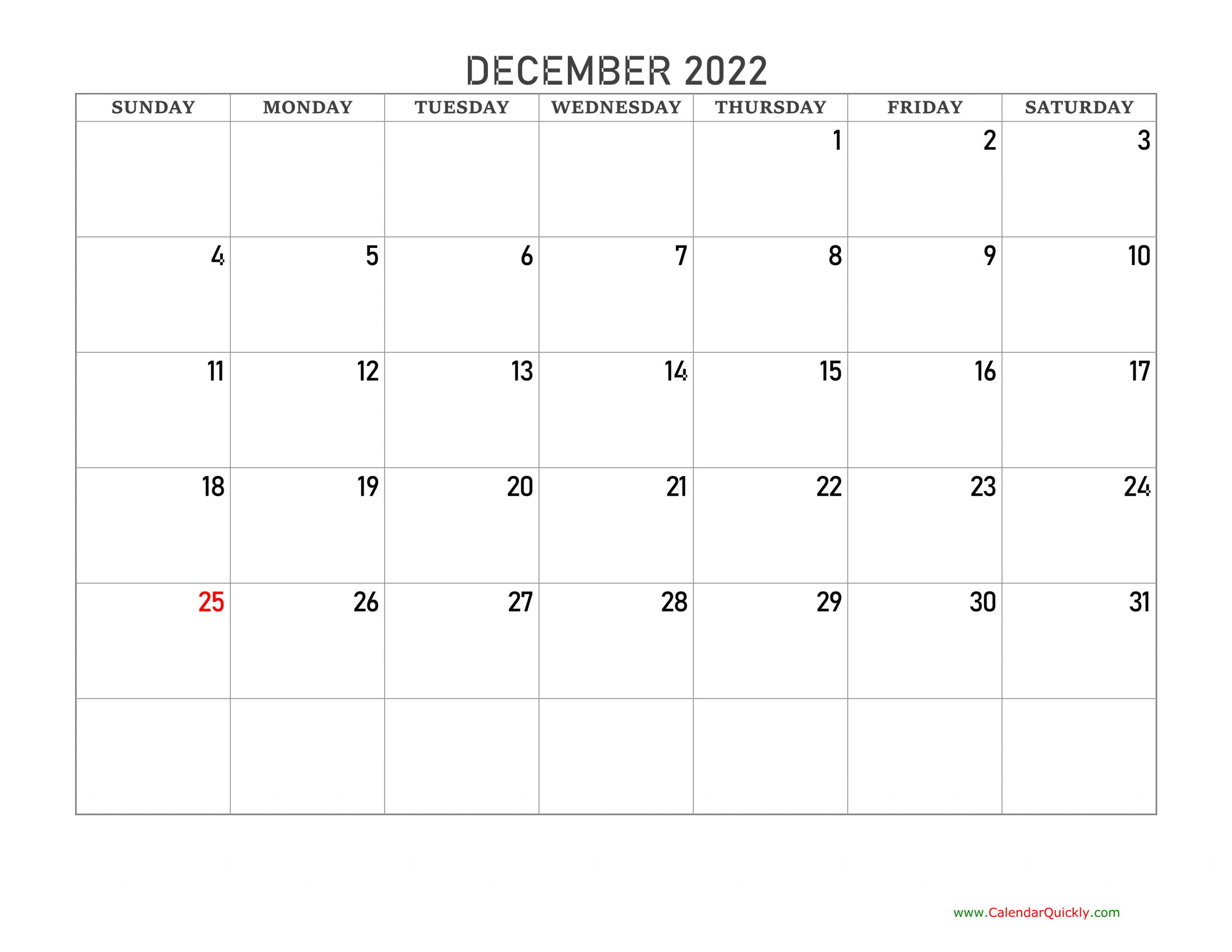 December 2022 Blank Calendar | Calendar Quickly December Printable Calendar 2022