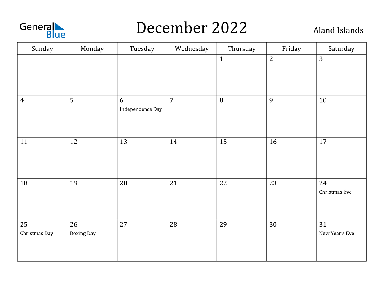 December 2022 Calendar - Aland Islands Calendar For December 2022