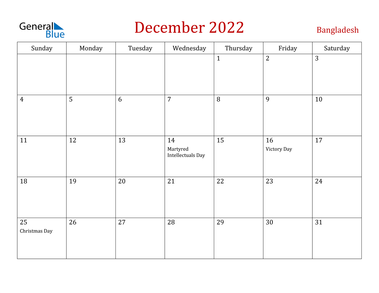 December 2022 Calendar - Bangladesh Printable Calendar December 2022