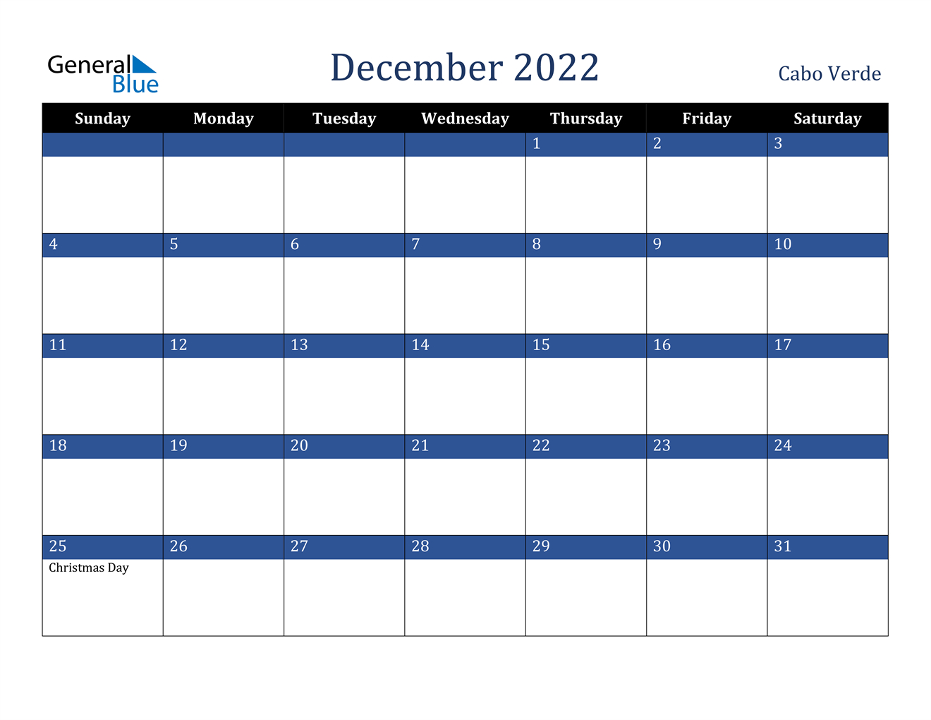 December 2022 Calendar - Cabo Verde December 2022 Printable Calendar With Holidays